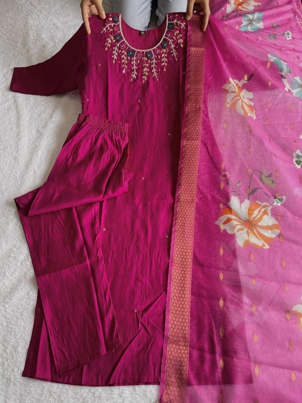 Azorte Fashion Luxury Magenta Roman Silk Kurti Set – Handwork & Digital Print Dupatta - XL (42)