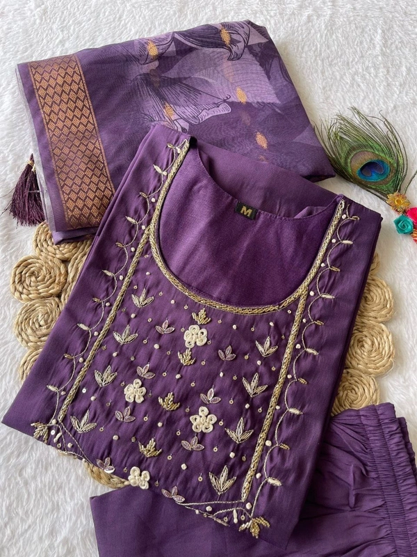 Azorte Fashion Luxury Light Purple Roman Silk Kurti Set – Handwork & Digital Print Dupatta - M (38)
