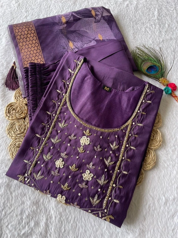 Azorte Fashion Luxury Light Purple Roman Silk Kurti Set – Handwork & Digital Print Dupatta - M (38)