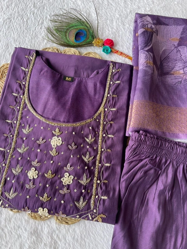 Azorte Fashion Luxury Light Purple Roman Silk Kurti Set – Handwork & Digital Print Dupatta - M (38)