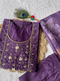 Azorte Fashion Luxury Light Purple Roman Silk Kurti Set – Handwork & Digital Print Dupatta - M (38)