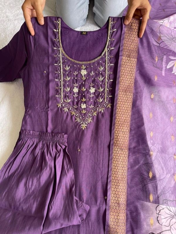 Azorte Fashion Luxury Light Purple Roman Silk Kurti Set – Handwork & Digital Print Dupatta - M (38)
