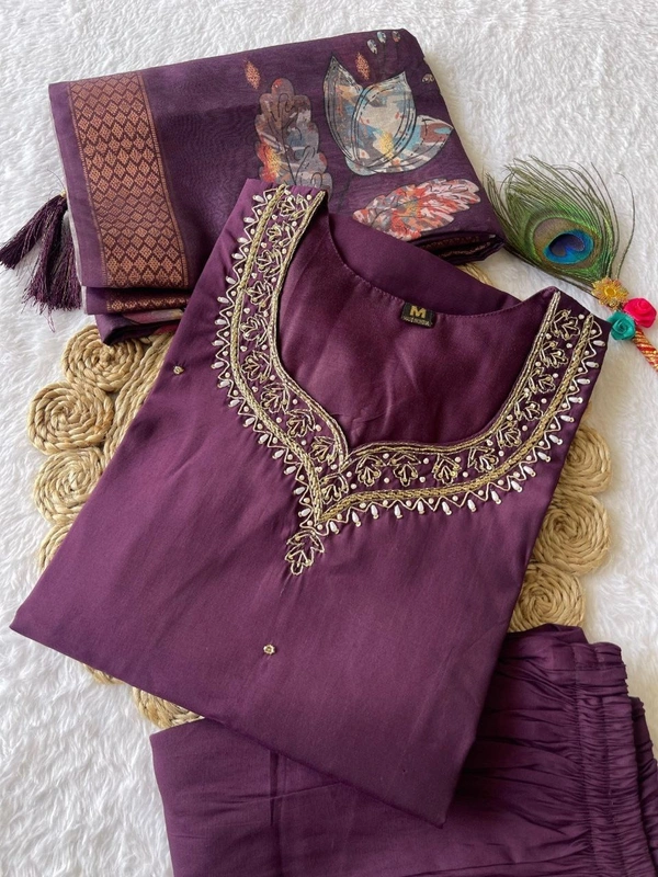 Azorte Fashion Luxury Purple Roman Silk Kurti Set – Handwork & Digital Print Dupatta - M (38)