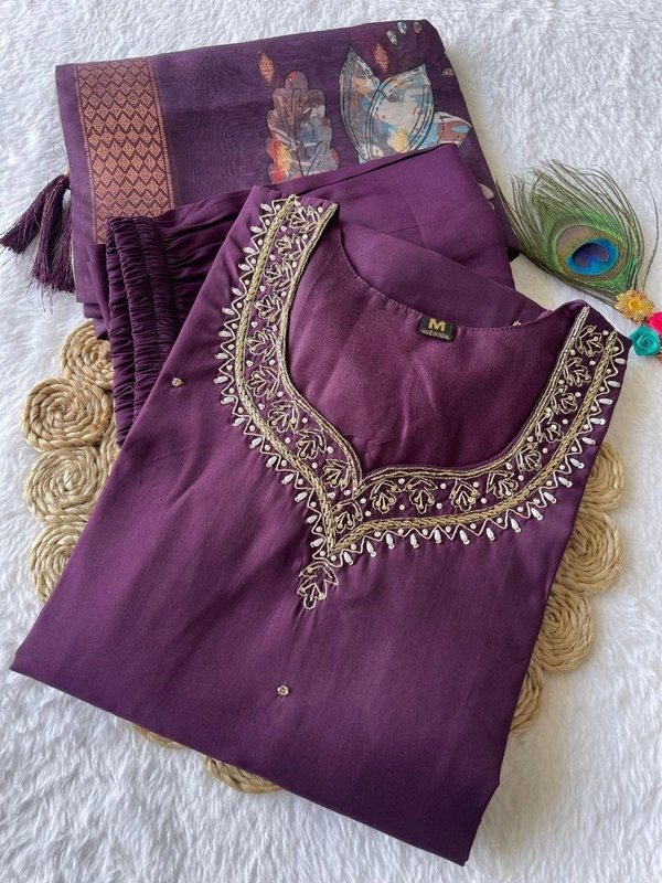 Azorte Fashion Luxury Purple Roman Silk Kurti Set – Handwork & Digital Print Dupatta - M (38)