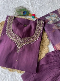 Azorte Fashion Luxury Purple Roman Silk Kurti Set – Handwork & Digital Print Dupatta - M (38)