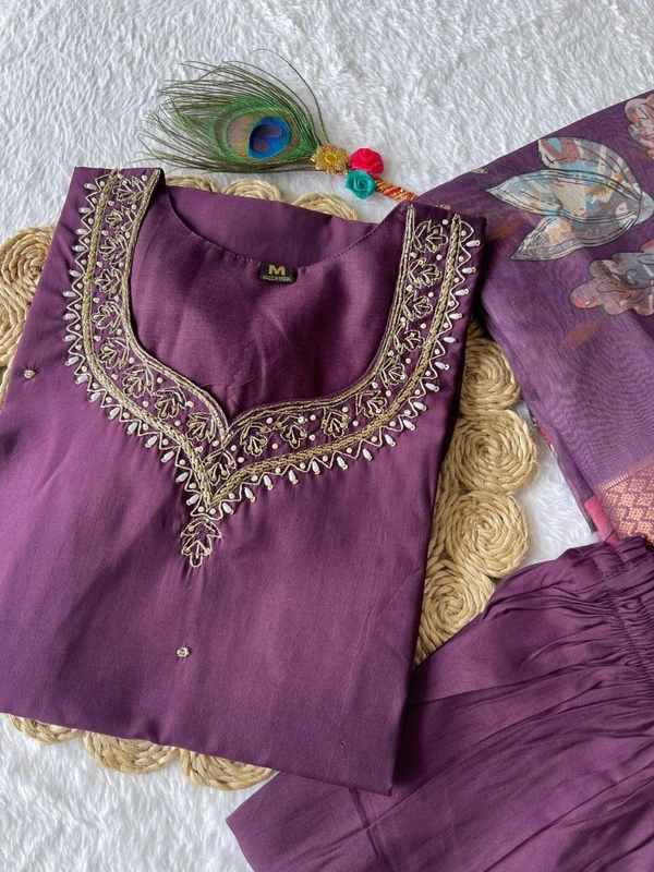 Azorte Fashion Luxury Purple Roman Silk Kurti Set – Handwork & Digital Print Dupatta - M (38)
