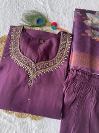 Azorte Fashion Luxury Purple Roman Silk Kurti Set – Handwork & Digital Print Dupatta - M (38)