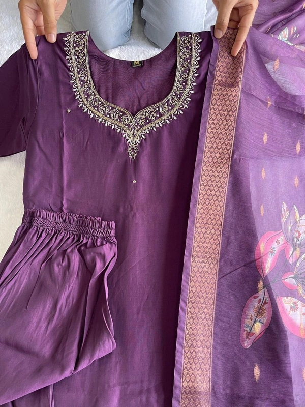 Azorte Fashion Luxury Purple Roman Silk Kurti Set – Handwork & Digital Print Dupatta - M (38)