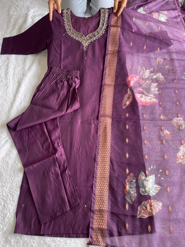 Azorte Fashion Luxury Purple Roman Silk Kurti Set – Handwork & Digital Print Dupatta - M (38)