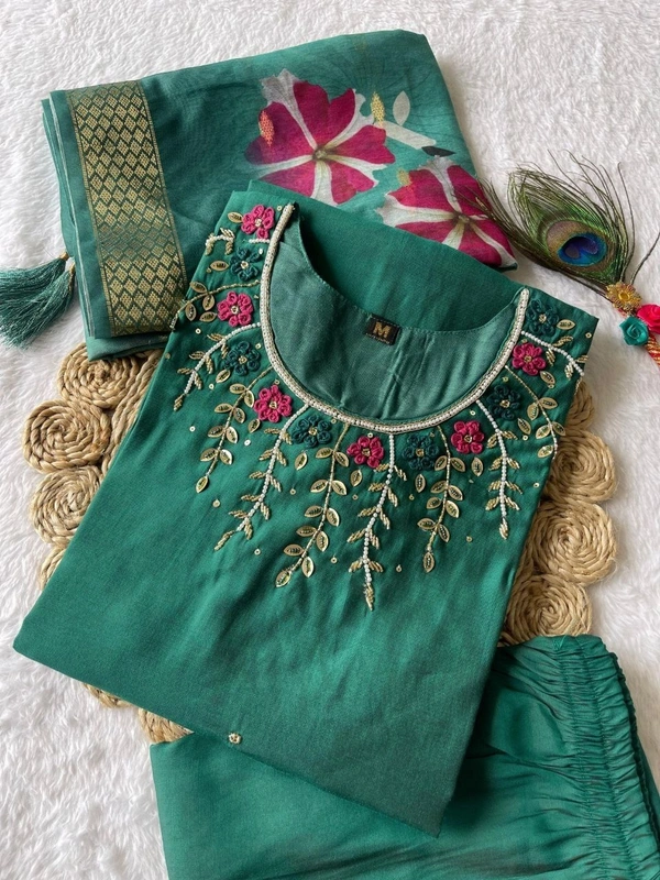 Azorte Fashion Luxury Green Roman Silk Kurti Set – Handwork & Digital Print Dupatta - M (38)