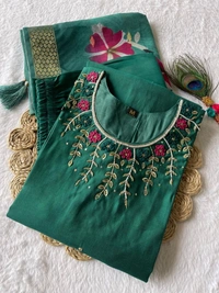 Azorte Fashion Luxury Green Roman Silk Kurti Set – Handwork & Digital Print Dupatta - M (38)