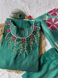 Azorte Fashion Luxury Green Roman Silk Kurti Set – Handwork & Digital Print Dupatta - M (38)