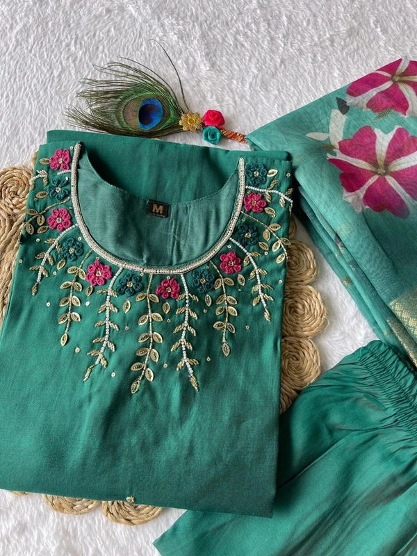 Azorte Fashion Luxury Green Roman Silk Kurti Set – Handwork & Digital Print Dupatta - M (38)
