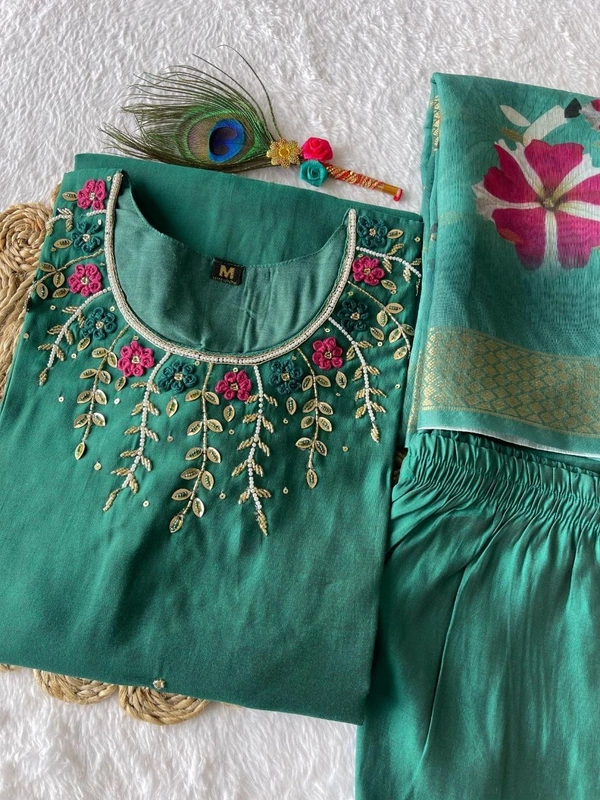 Azorte Fashion Luxury Green Roman Silk Kurti Set – Handwork & Digital Print Dupatta - M (38)
