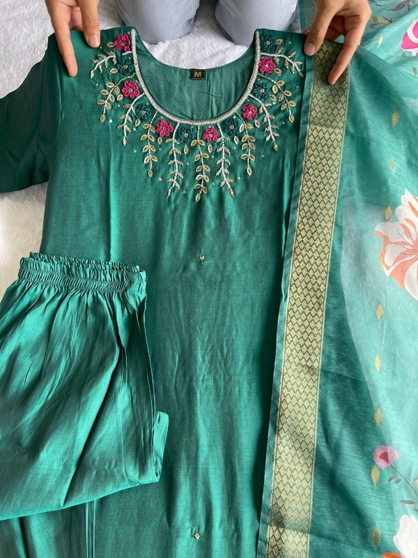 Azorte Fashion Luxury Green Roman Silk Kurti Set – Handwork & Digital Print Dupatta - M (38)