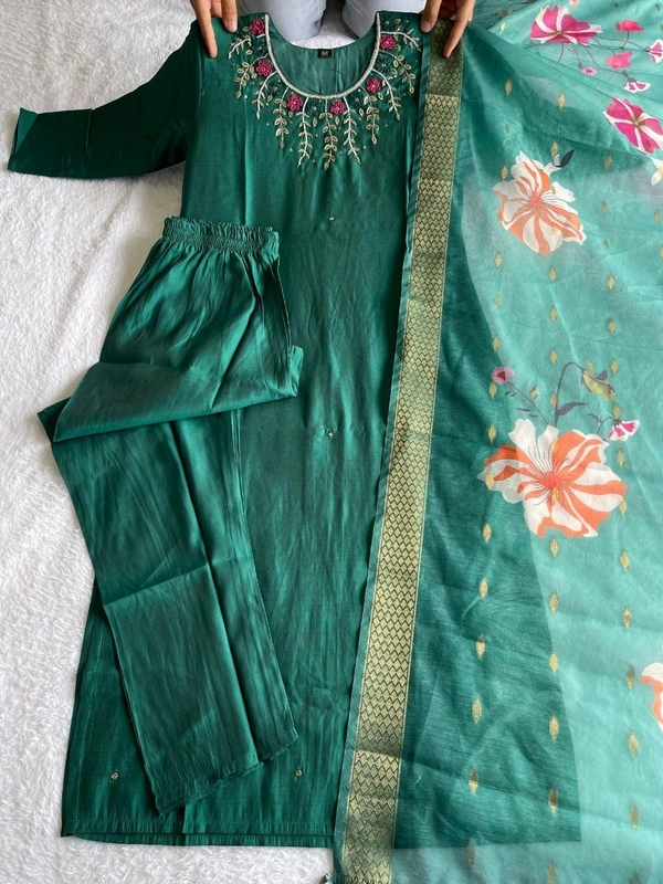 Azorte Fashion Luxury Green Roman Silk Kurti Set – Handwork & Digital Print Dupatta - M (38)