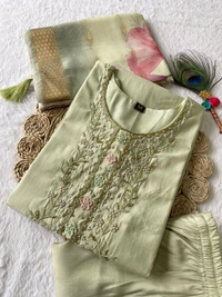 Azorte Fashion Luxury Light Pista Roman Silk Kurti Set – Handwork & Digital Print Dupatta - L (40)