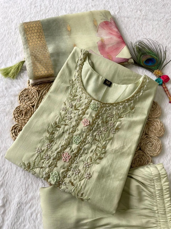 Azorte Fashion Luxury Light Pista Roman Silk Kurti Set – Handwork & Digital Print Dupatta - L (40)