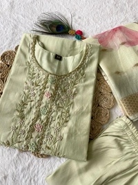 Azorte Fashion Luxury Light Pista Roman Silk Kurti Set – Handwork & Digital Print Dupatta - L (40)