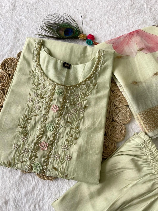 Azorte Fashion Luxury Light Pista Roman Silk Kurti Set – Handwork & Digital Print Dupatta - L (40)