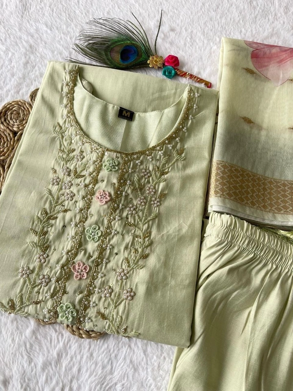 Azorte Fashion Luxury Light Pista Roman Silk Kurti Set – Handwork & Digital Print Dupatta - L (40)