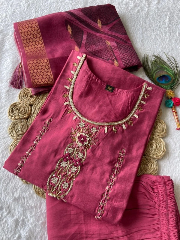 Azorte Fashion Luxury Tomato Roman Silk Kurti Set – Handwork & Digital Print Dupatta - Night Shadz, M (38)