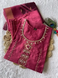 Azorte Fashion Luxury Tomato Roman Silk Kurti Set – Handwork & Digital Print Dupatta - Night Shadz, M (38)