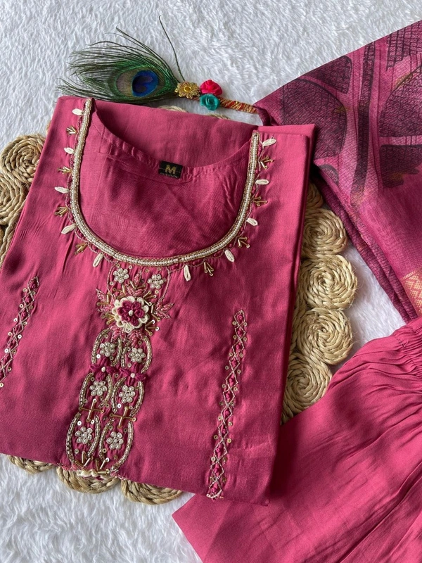 Azorte Fashion Luxury Tomato Roman Silk Kurti Set – Handwork & Digital Print Dupatta - Night Shadz, M (38)