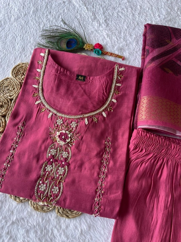Azorte Fashion Luxury Tomato Roman Silk Kurti Set – Handwork & Digital Print Dupatta - Night Shadz, M (38)