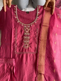 Azorte Fashion Luxury Tomato Roman Silk Kurti Set – Handwork & Digital Print Dupatta - Night Shadz, M (38)