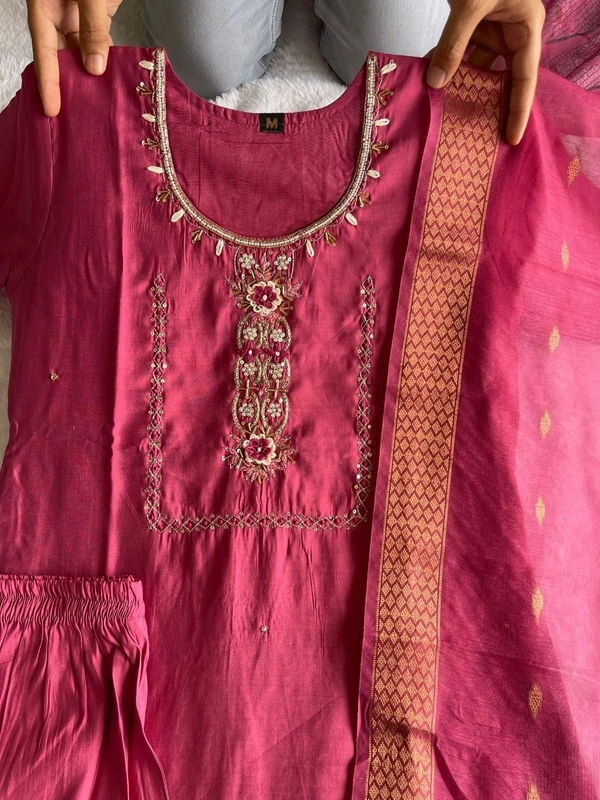 Azorte Fashion Luxury Tomato Roman Silk Kurti Set – Handwork & Digital Print Dupatta - Night Shadz, M (38)