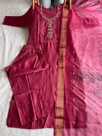 Azorte Fashion Luxury Tomato Roman Silk Kurti Set – Handwork & Digital Print Dupatta - Night Shadz, M (38)
