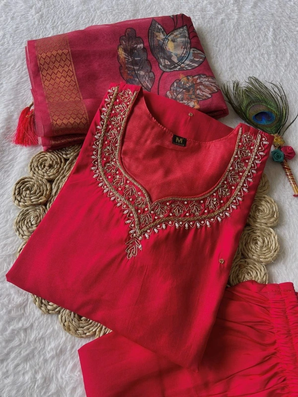 Azorte Fashion Luxury Tomato Roman Silk Kurti Set – Handwork & Digital Print Dupatta - Mexican Red, M (38)