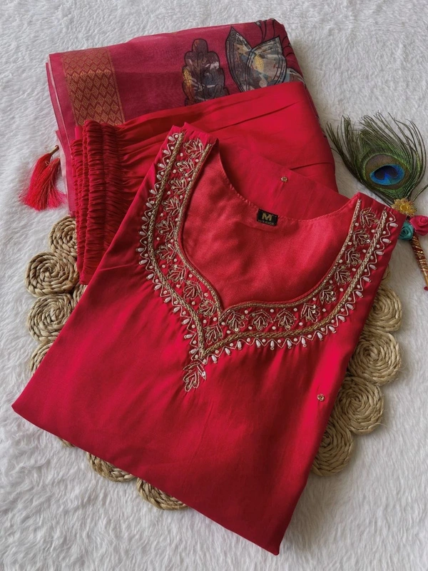Azorte Fashion Luxury Tomato Roman Silk Kurti Set – Handwork & Digital Print Dupatta - Mexican Red, M (38)