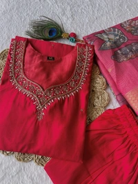 Azorte Fashion Luxury Tomato Roman Silk Kurti Set – Handwork & Digital Print Dupatta - Mexican Red, M (38)