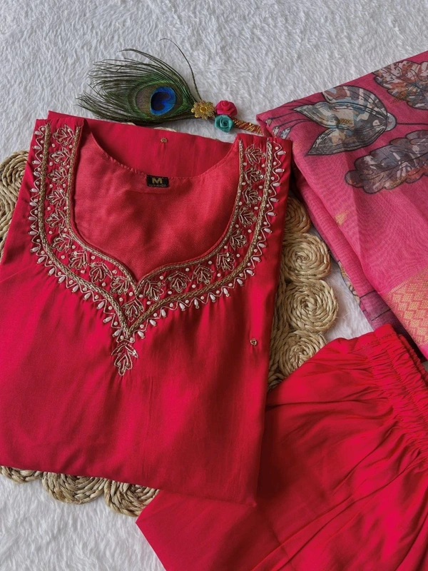 Azorte Fashion Luxury Tomato Roman Silk Kurti Set – Handwork & Digital Print Dupatta - Mexican Red, M (38)