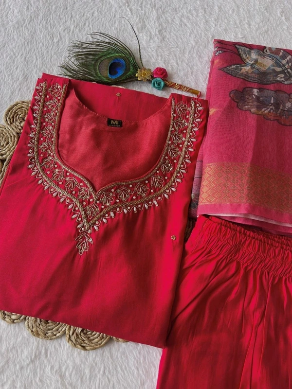 Azorte Fashion Luxury Tomato Roman Silk Kurti Set – Handwork & Digital Print Dupatta - Mexican Red, M (38)