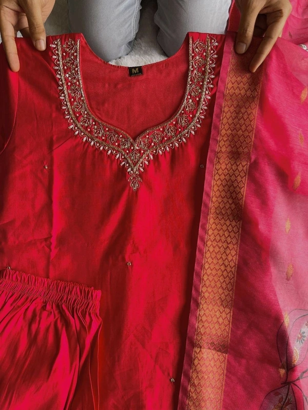 Azorte Fashion Luxury Tomato Roman Silk Kurti Set – Handwork & Digital Print Dupatta - Mexican Red, M (38)