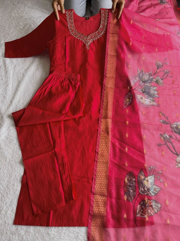 Azorte Fashion Luxury Tomato Roman Silk Kurti Set – Handwork & Digital Print Dupatta - Mexican Red, M (38)