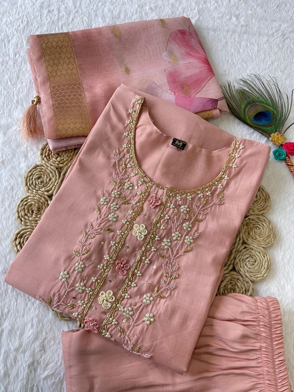 Azorte Fashion Luxury Peach Roman Silk Kurti Set – Handwork & Digital Print Dupatta - M (38)