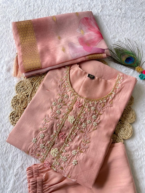 Azorte Fashion Luxury Peach Roman Silk Kurti Set – Handwork & Digital Print Dupatta - M (38)