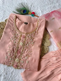 Azorte Fashion Luxury Peach Roman Silk Kurti Set – Handwork & Digital Print Dupatta - M (38)