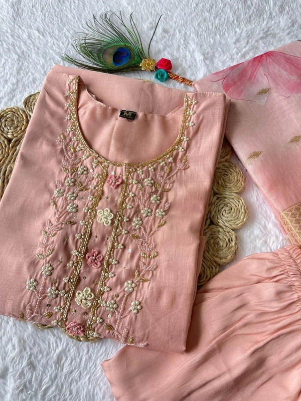 Azorte Fashion Luxury Peach Roman Silk Kurti Set – Handwork & Digital Print Dupatta - M (38)