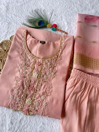 Azorte Fashion Luxury Peach Roman Silk Kurti Set – Handwork & Digital Print Dupatta - M (38)