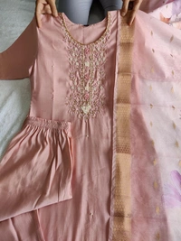 Azorte Fashion Luxury Peach Roman Silk Kurti Set – Handwork & Digital Print Dupatta - M (38)
