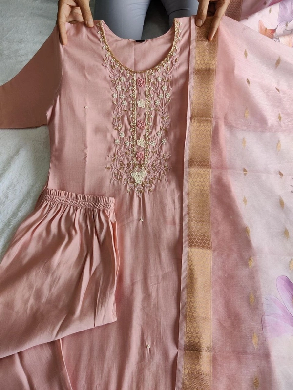 Azorte Fashion Luxury Peach Roman Silk Kurti Set – Handwork & Digital Print Dupatta - M (38)