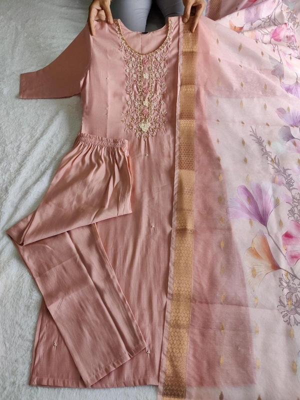 Azorte Fashion Luxury Peach Roman Silk Kurti Set – Handwork & Digital Print Dupatta - M (38)