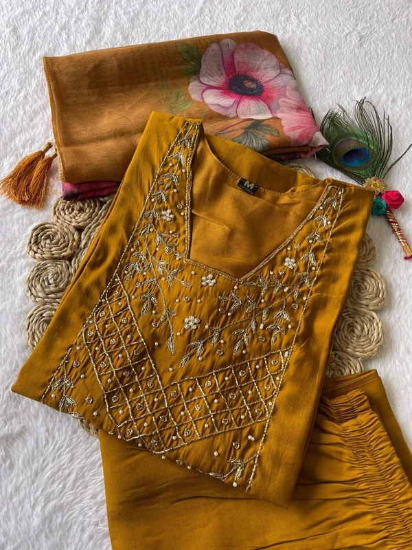 Azorte Fashion Designer Mustard Yellow Kurti Set – Hand Embroidery & Chanderi Digital Print Dupatta - L (40)