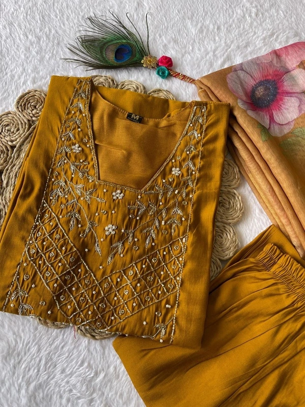 Azorte Fashion Designer Mustard Yellow Kurti Set – Hand Embroidery & Chanderi Digital Print Dupatta - L (40)