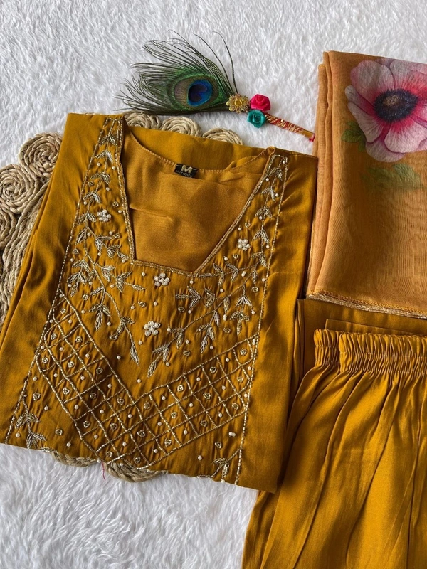 Azorte Fashion Designer Mustard Yellow Kurti Set – Hand Embroidery & Chanderi Digital Print Dupatta - L (40)